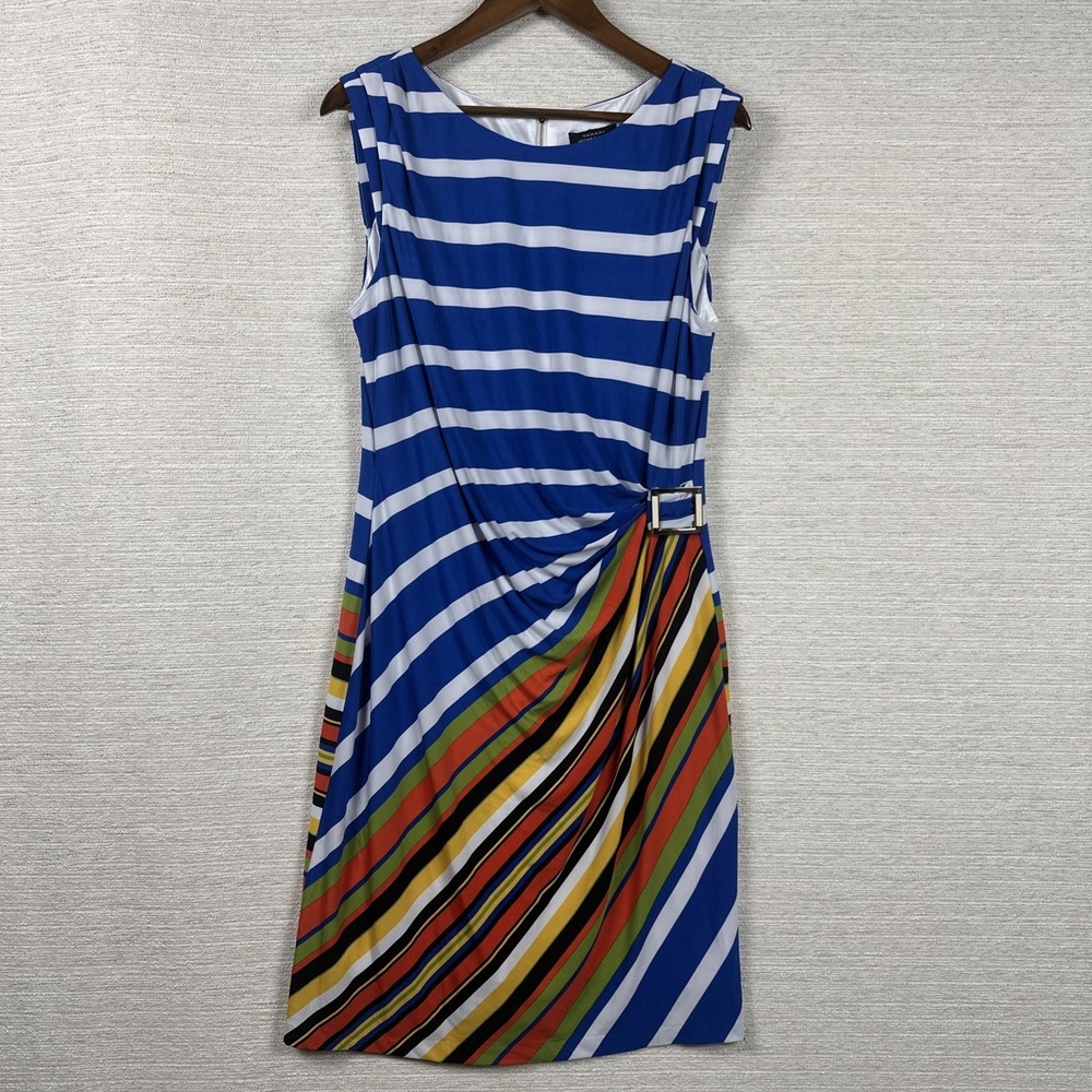 Tahari Arthur S. Levine Striped Sheath Dress Blue White Multicolor Belted Career